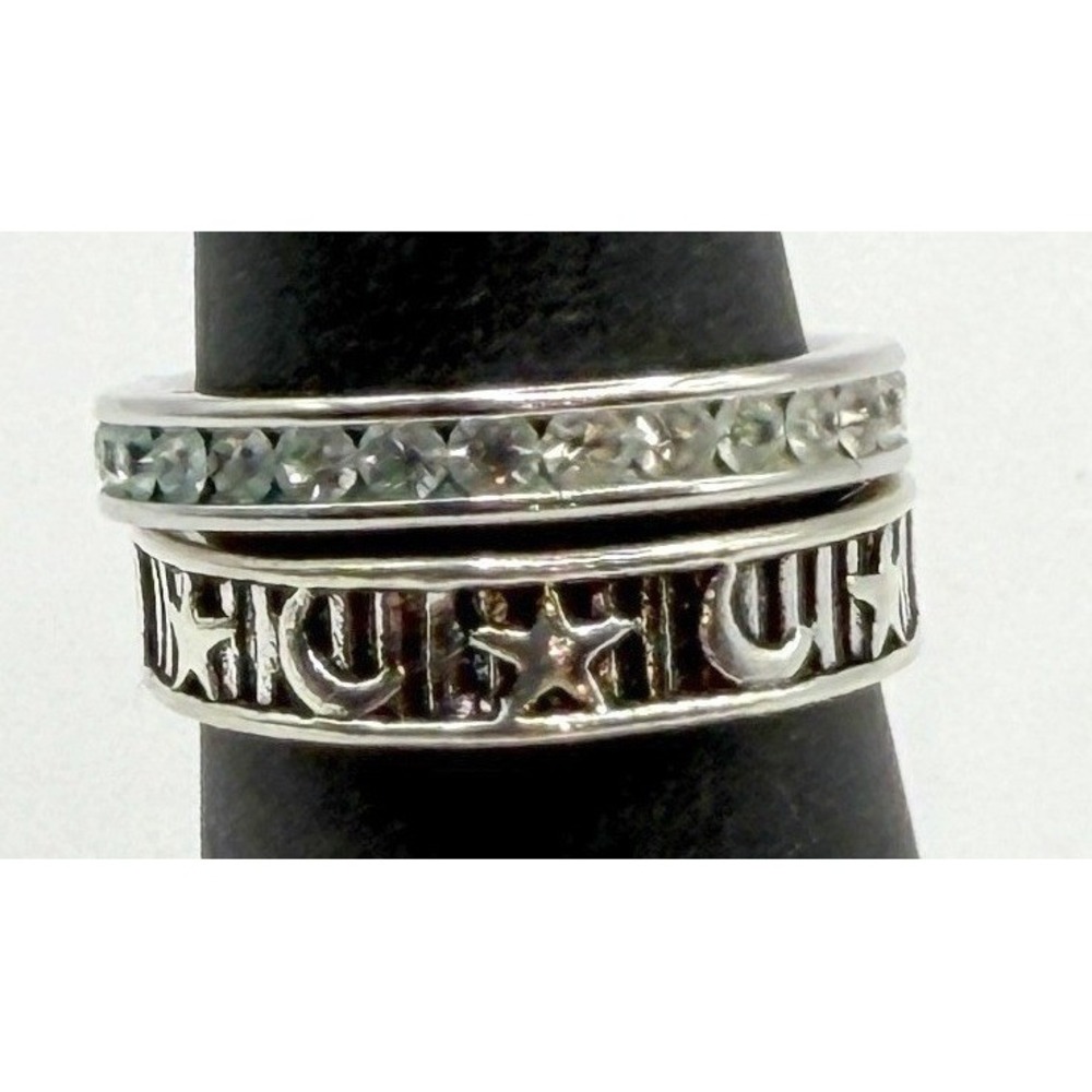 Celestial Moon Star Ring Set of 2 Size 5 Rhinestone Stack Band Silver Tone